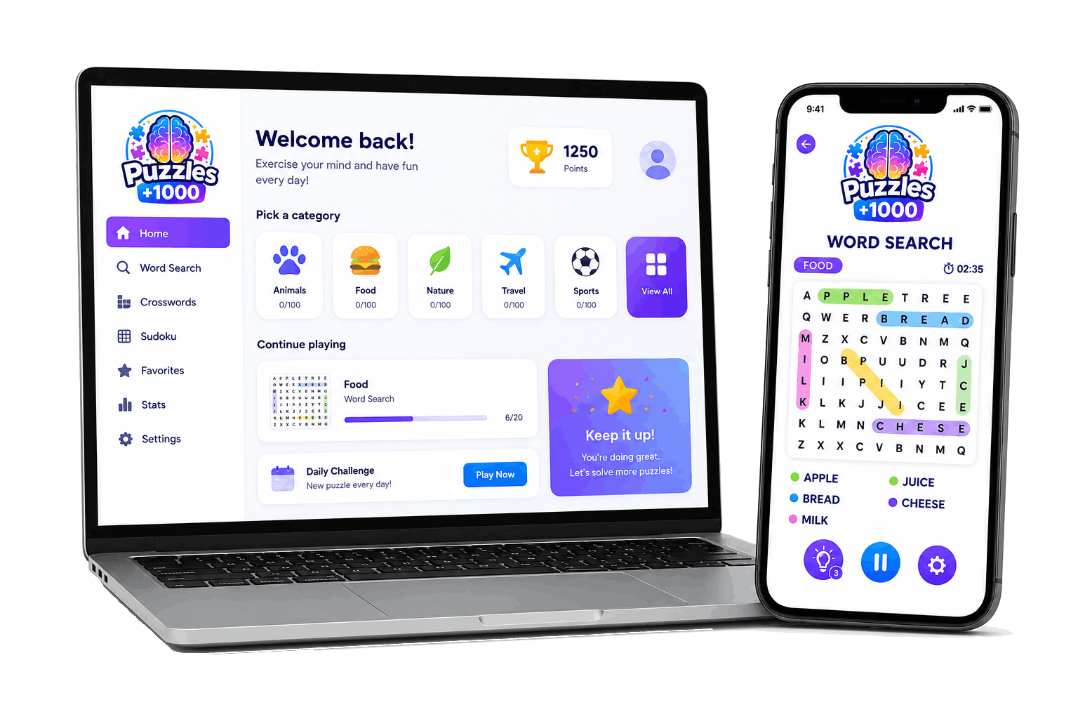 eBook Puzzle +1000 shown on a laptop and a phone: a word search puzzle with its word list.